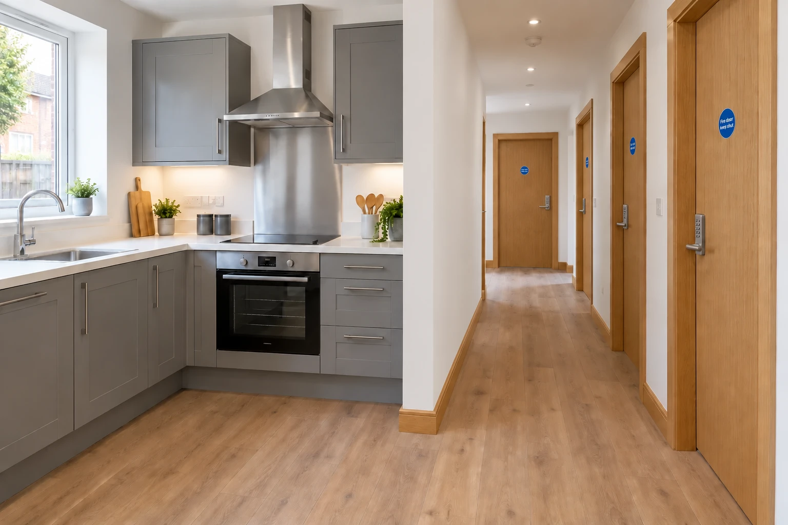 Illustrative HMO refurbishment concept with solid oak doors, compact keypad locks and blue fire-door signs
