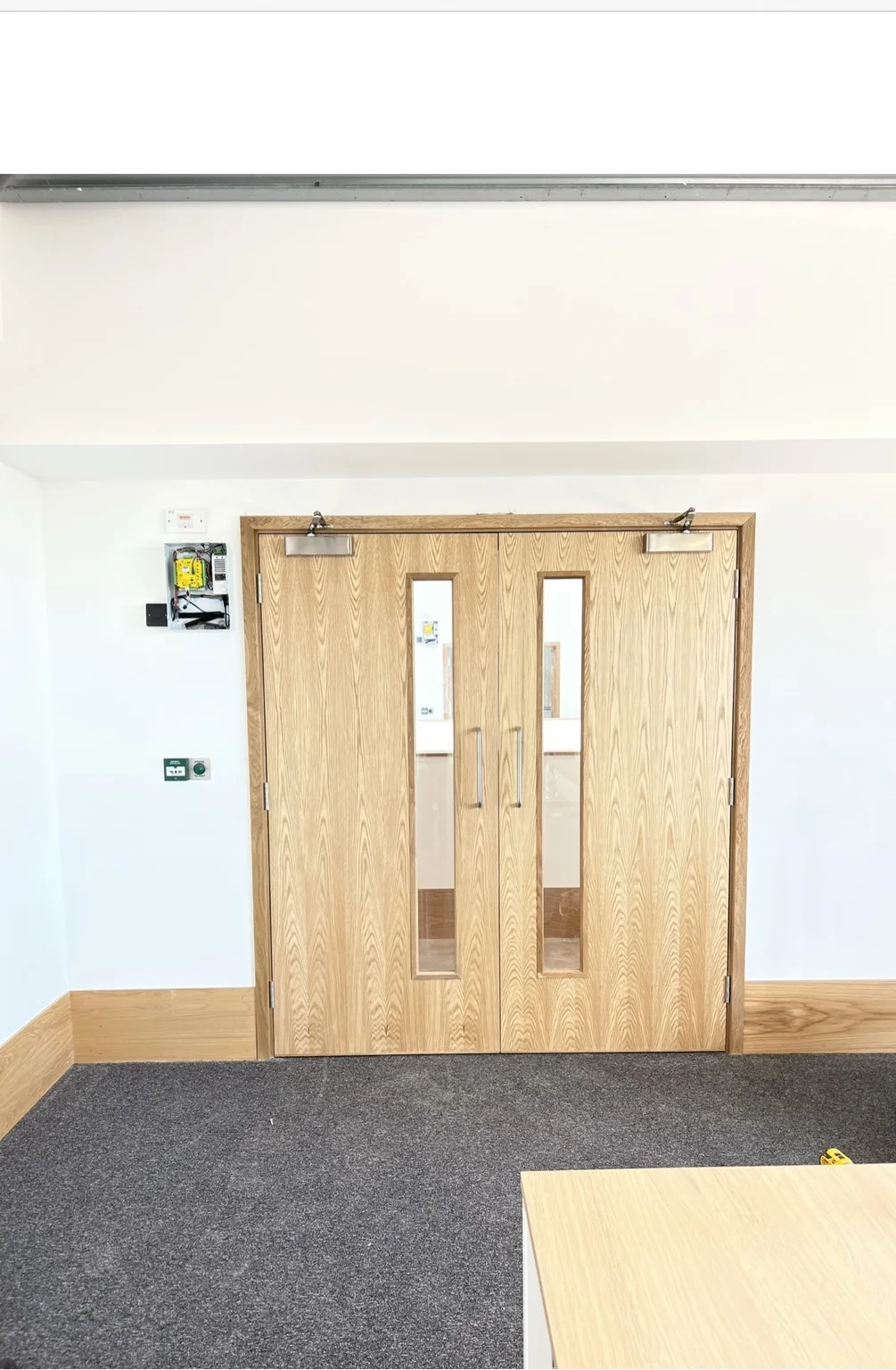 Finished double timber doors with vision panels